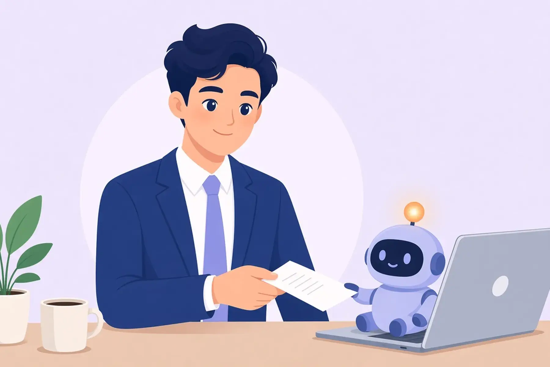 Illustration: a man in a suit at his desk takes a document from a small robot sitting by his laptop.
