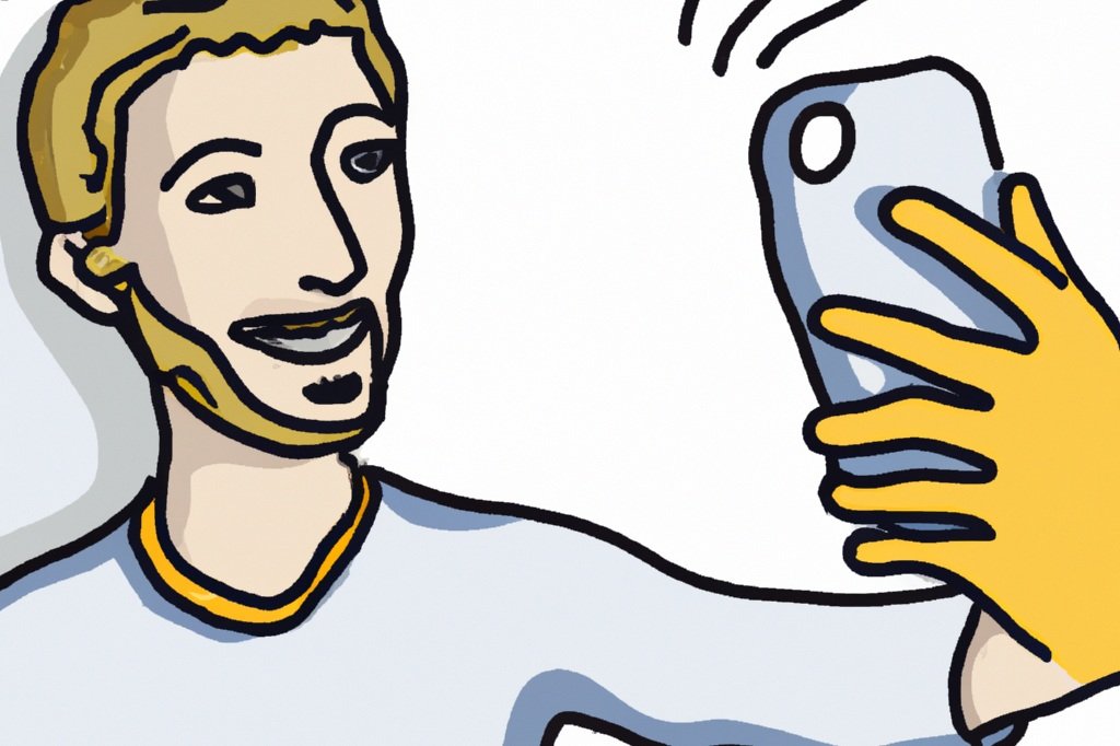 Cartoon of a pink-haired woman in a yellow sweater taking a selfie in a bright room.
