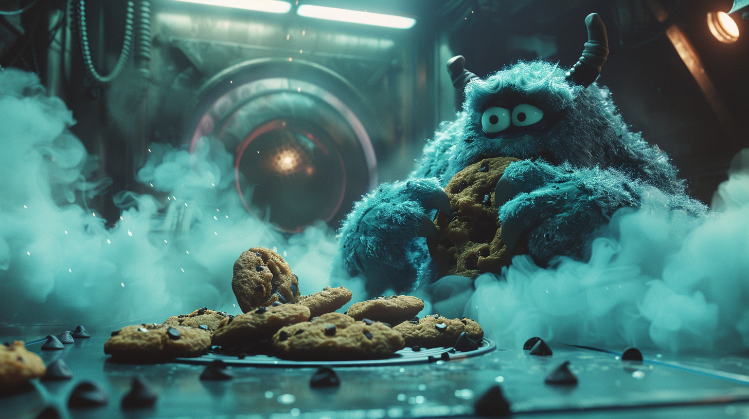 Blue furry monster eats a chocolate chip cookie in a dark stone room.