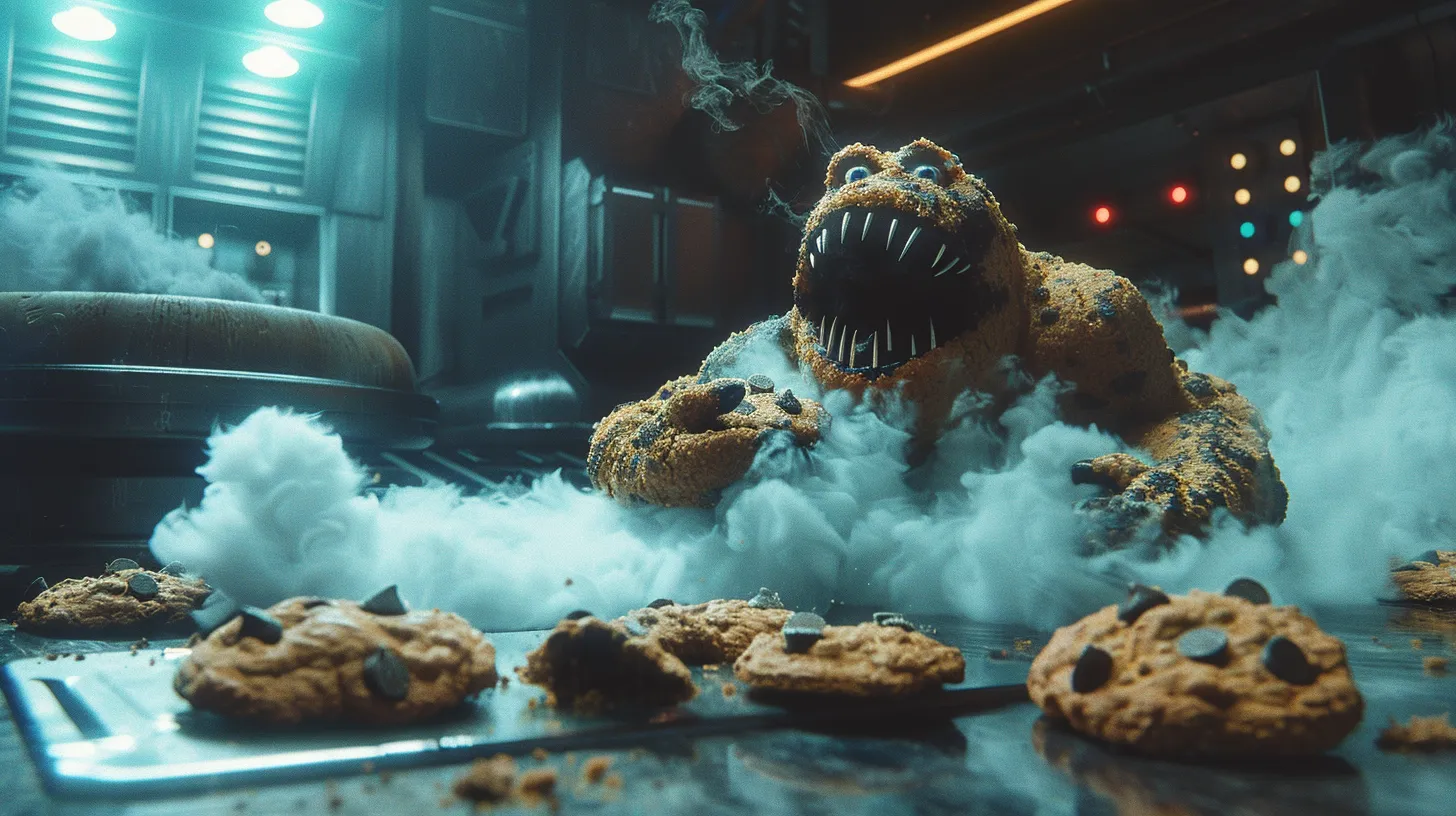 Blue furry monster holds up a chocolate chip cookie.
