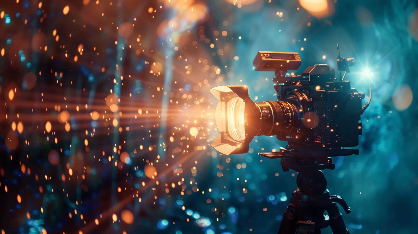 Glowing video camera suspended above a luminous globe.