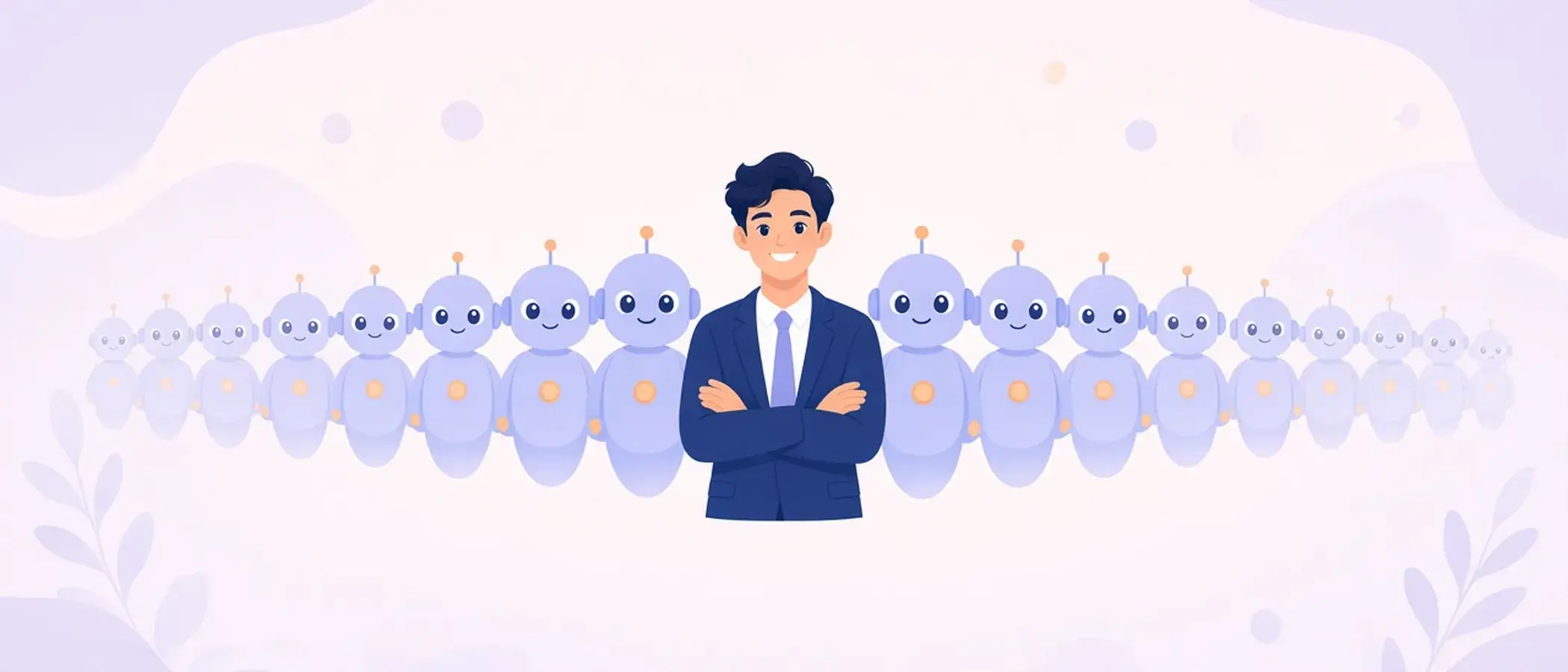 Illustration: a smiling man in a suit stands with arms crossed in front of a long line of friendly robots that fade into the distance.