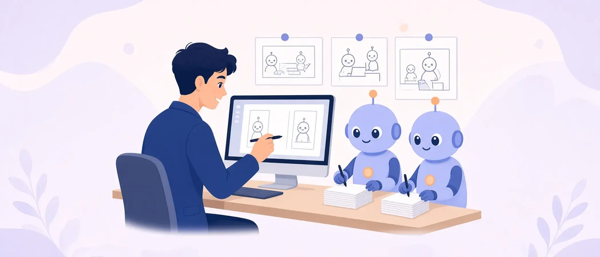 An illustrated strategist reviews storyboards at his desk while two friendly robots help sort pages.
