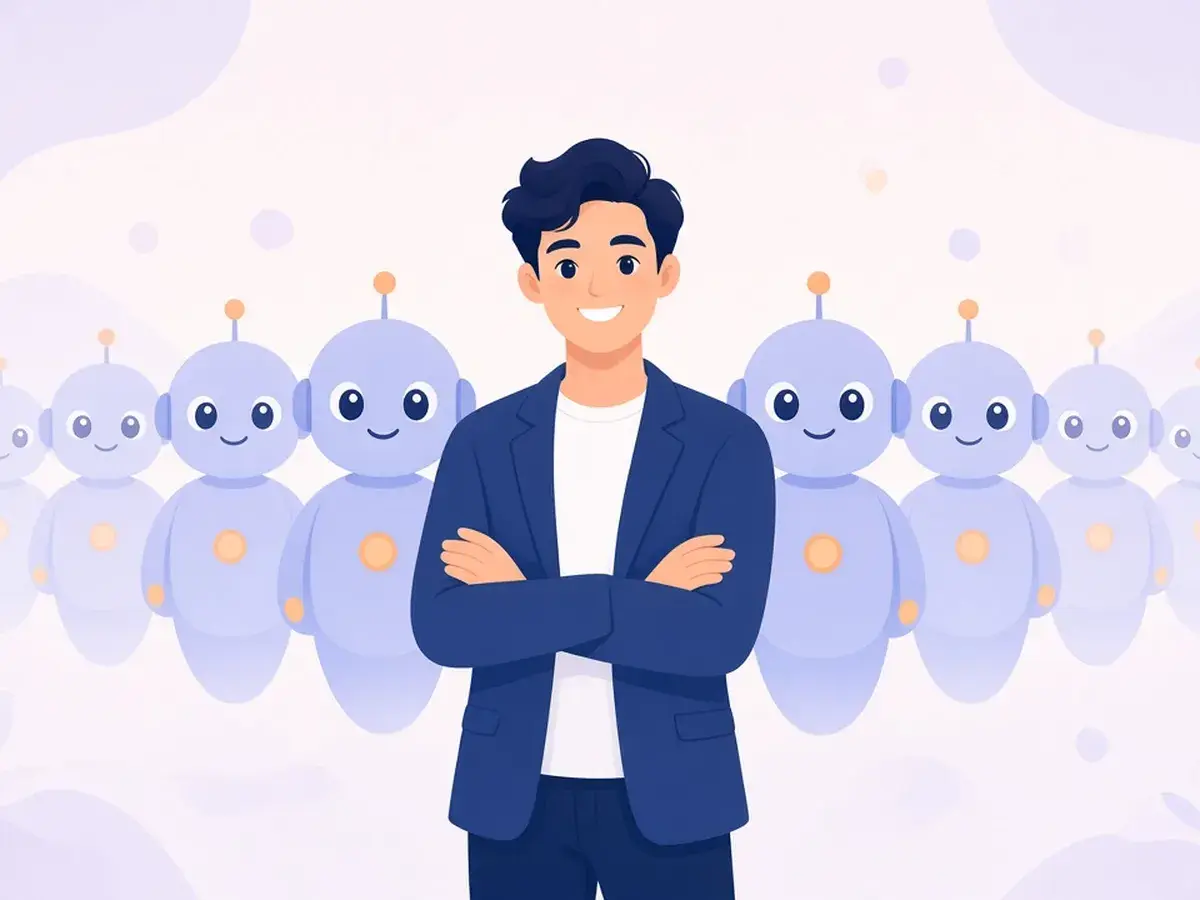 A smiling commander in a navy blazer stands with arms crossed, backed by a row of friendly periwinkle robots that fade into the distance on both sides.