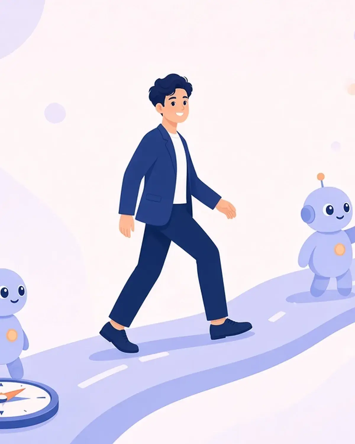 An illustrated strategist walks a winding path from a compass toward a robot holding a flag.
