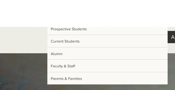 Audience navigation listing Prospective Students, Current Students, Alumni, Faculty and Staff, and Parents and Families.