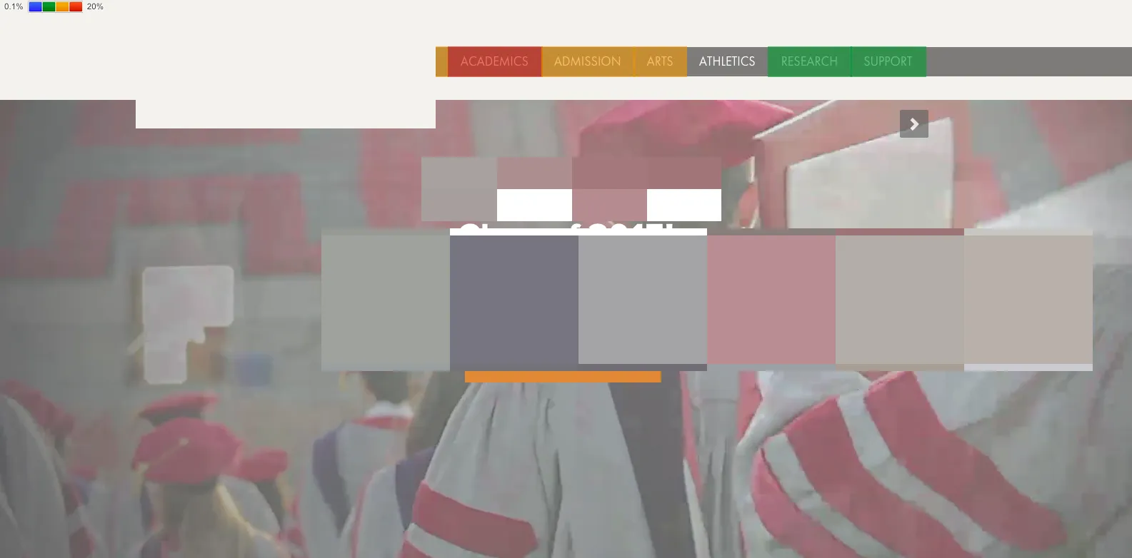 Click heat map of the university's global navigation, scale 0.1% to 20%: Academics gets the most clicks (red), Admission and Arts are next (orange), Research and Support are low (green), and Athletics gets the fewest (gray).