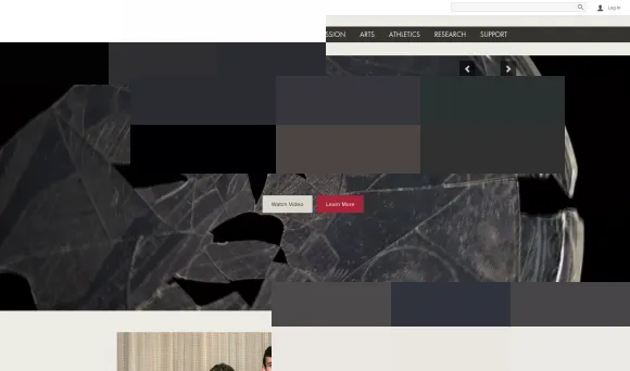 University homepage hero panel: a video still of a shattered glass artifact, with Watch Video and Learn More buttons.