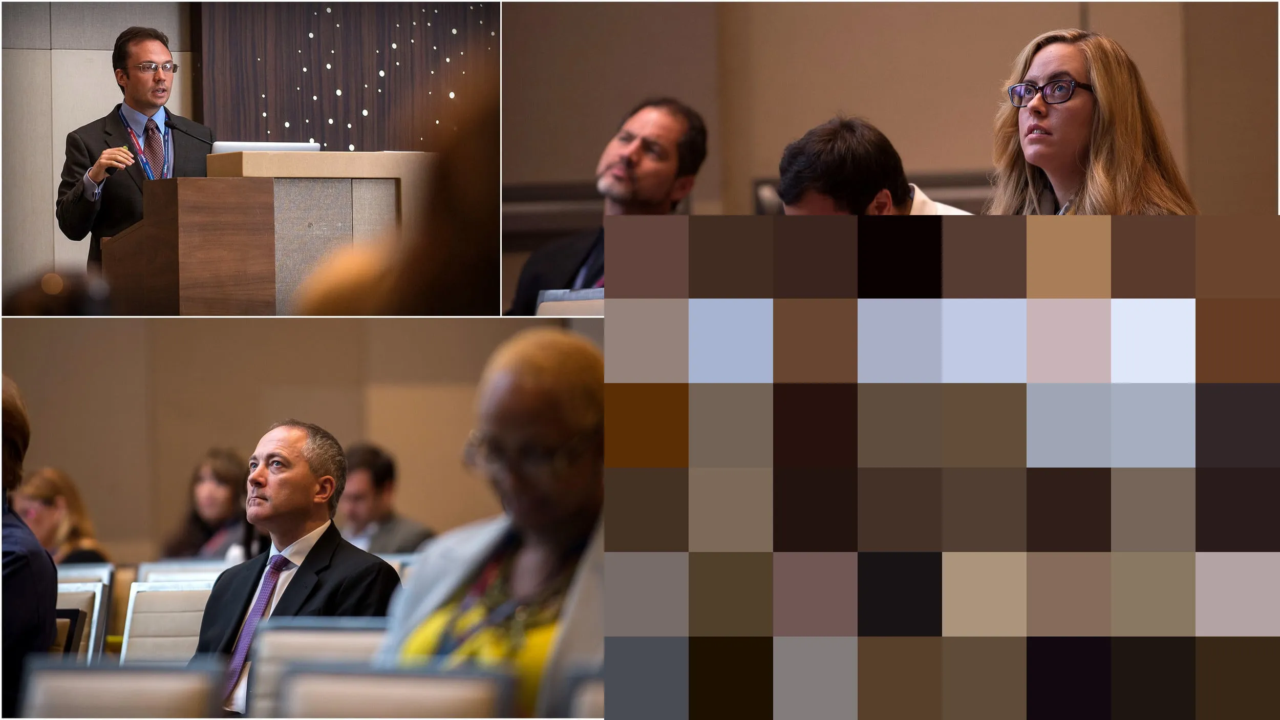 Speaker at a lectern and a seated panel during a conference breakout.