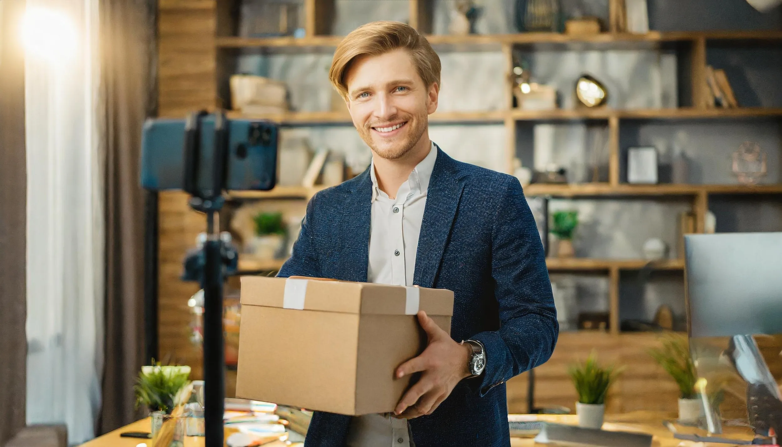 Man holds a cardboard donation box while filming himself with a phone on a small tripod.