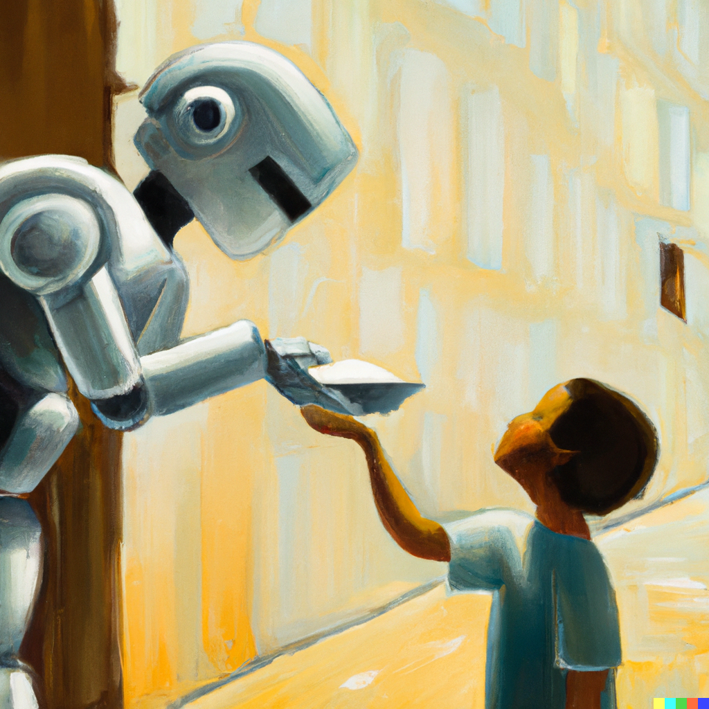 Oil painting of a robot handing an apple to a child, with warm light from the left.