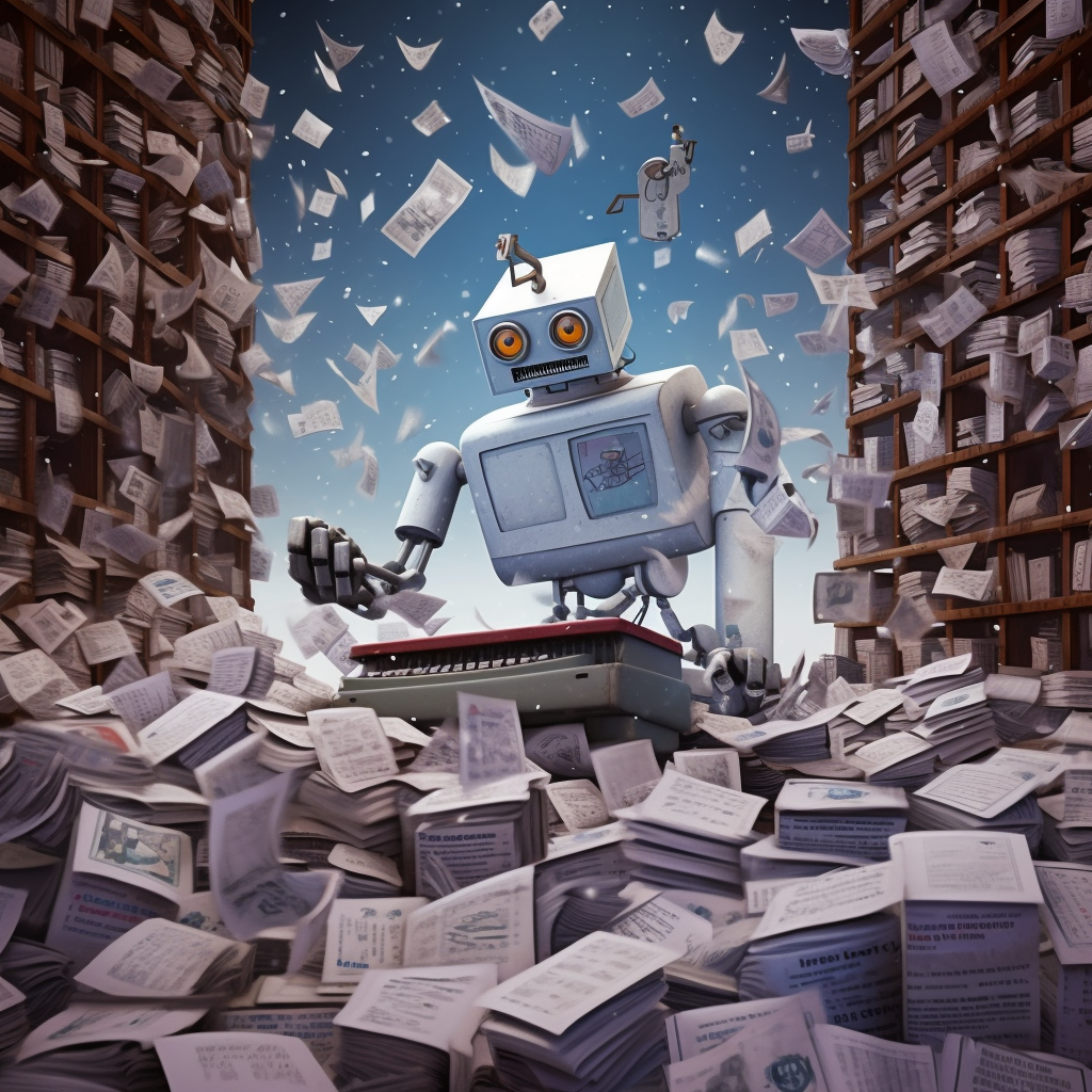 Robot in a suit types on a typewriter while sheets of paper fly around the room.