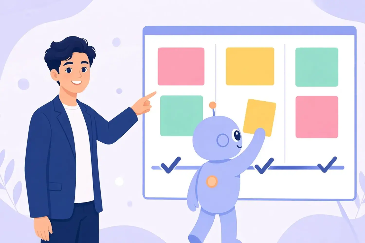 A strategist points to a task board while a friendly robot moves a sticky note.