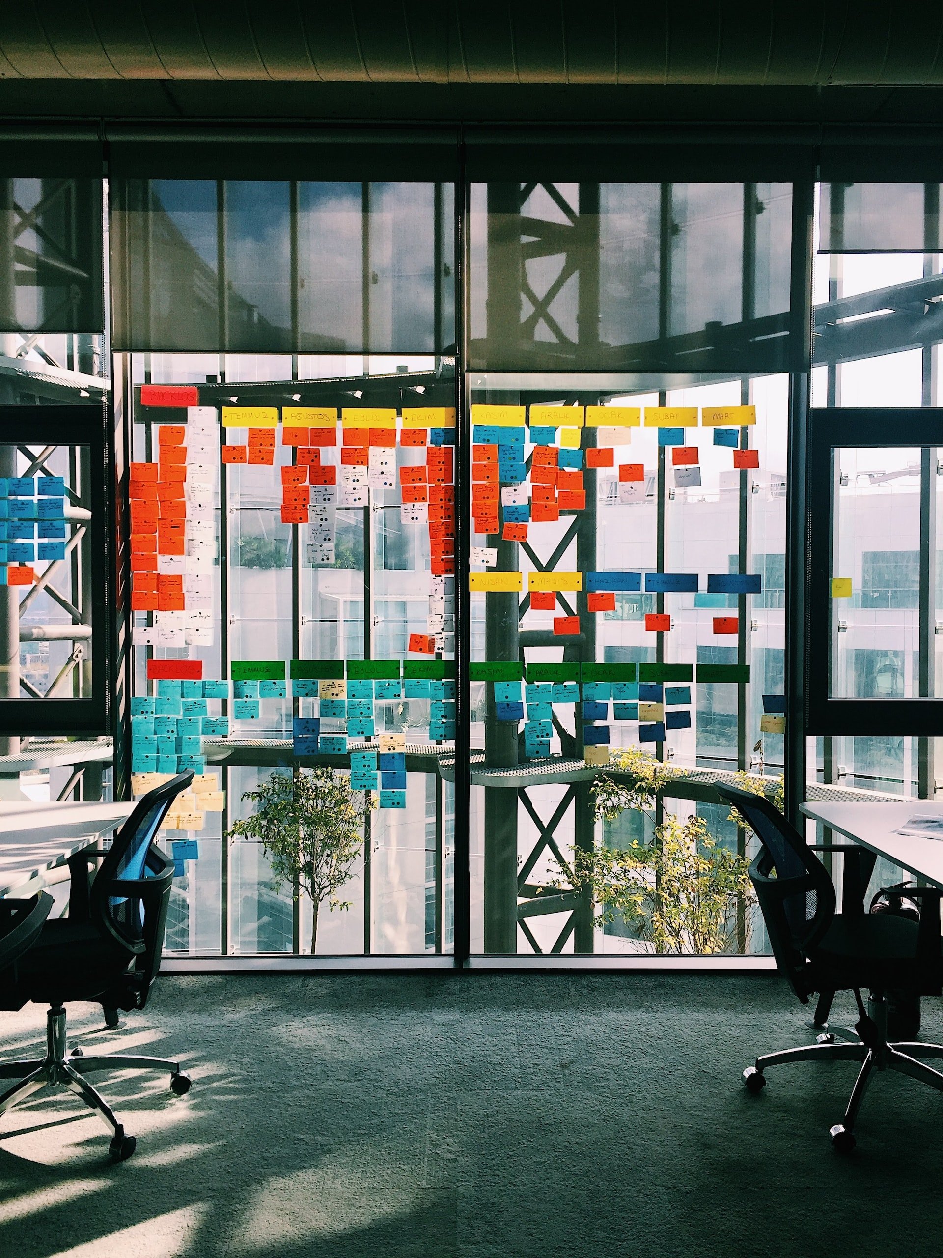 Three people plan together at a whiteboard covered with sticky notes.
