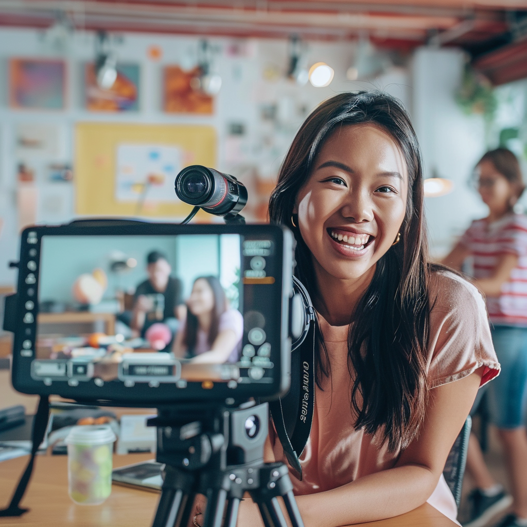 Smiling woman with curly hair stands behind a camera on a tripod in a sunny field.