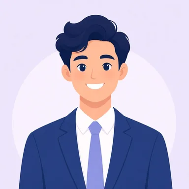 Illustration of a smiling man in a navy suit and periwinkle tie.